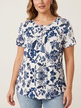 NWT | WIHOLL Blue & White Floral Button-Front Top | Coastal Cowgirl | S